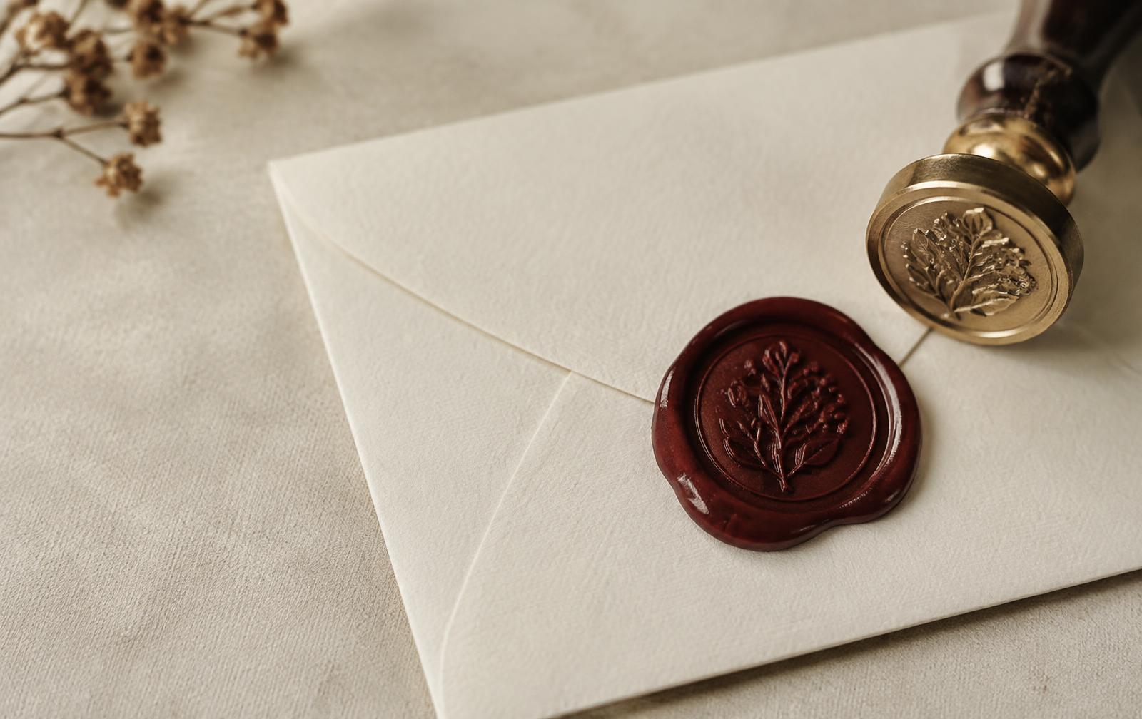 Burgundy wax seal and brass wax seal stamp on an ivory envelope